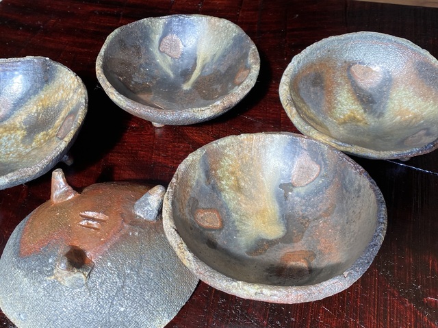 阿部祐工 叩紋伊羅保建水 柴田好寛 茶碗 御題「時」 美術品・